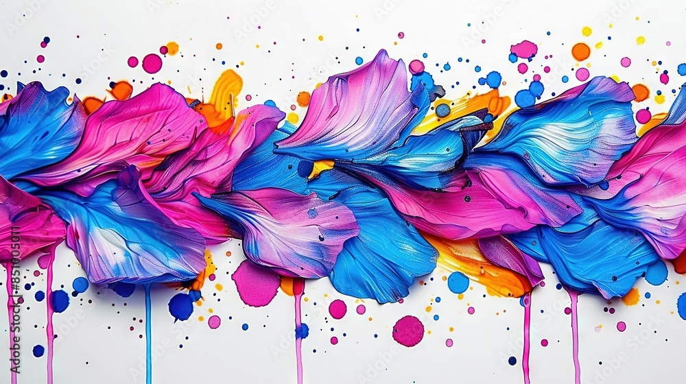 Wall mural   Blue, pink, and purple flower painting on white background with splattered colors - Wall murals