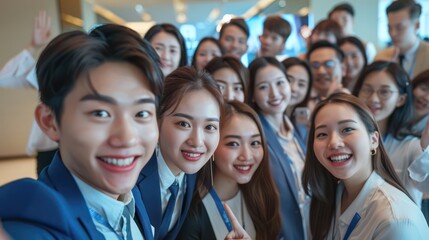 A cheerful group of young adults taking a selfie together, possibly colleagues, with a friendly and inclusive vibe
