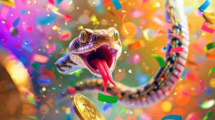 Vibrant image featuring closeup of snake amid colorful confetti and prominent bitcoin icon in festive setting. bright background with dynamic, lively atmosphere. 2025 Year Symbol