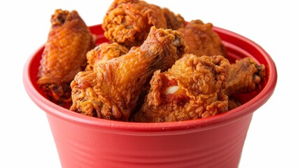 Fried chicken in a red paper bucket, isolated on a white background, crispy and golden brown chicken wings overflowing from the bucket, detailed texture and seasoning