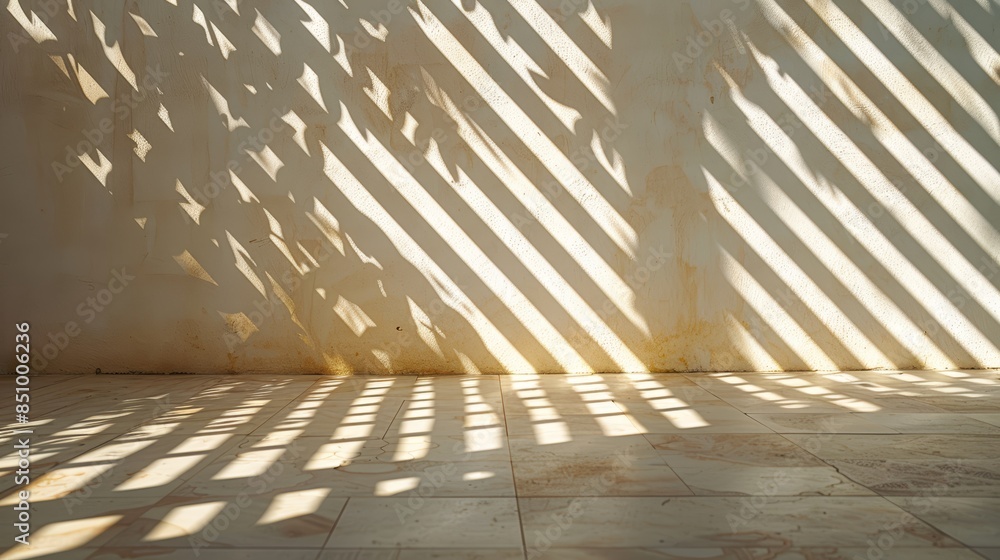 Poster minimalist wall with geometric shadow patterns created by sunlight, abstract and clean, interplay of