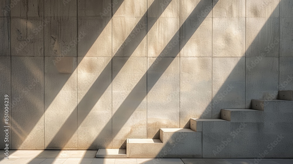 Poster minimalist wall with geometric shadow patterns created by sunlight, abstract and clean, interplay of