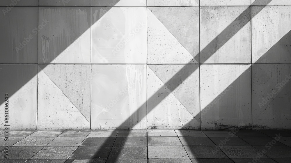 Poster minimalist wall with geometric shadow patterns created by sunlight, abstract and clean, interplay of