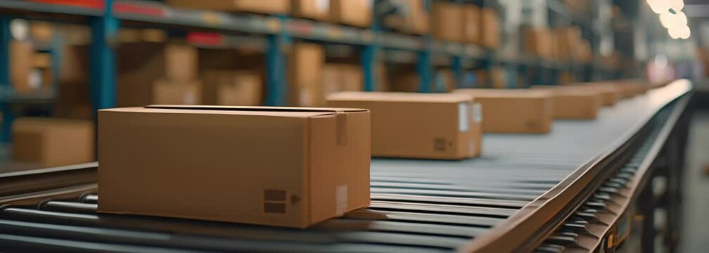Cardboard cartons on an industrial conveyor belt
