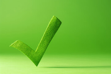 Textured green checkmark stands out against a vivid green backdrop, symbolizing approval, success, and task completion in a minimalist style