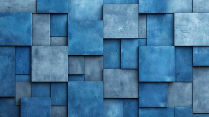   A detailed shot of a multicolored wall consisting of blue and grey blocks with diverse dimensions and forms
