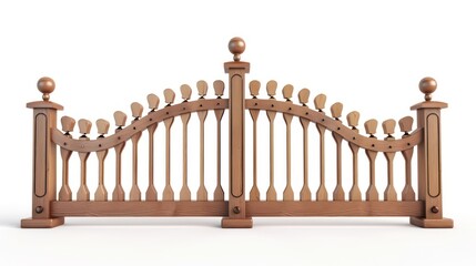 Naklejka premium An elegant wooden garden gate with ornate designs, rendered in a 3D illustration, isolated against a white background
