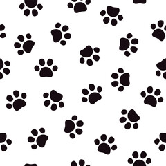 Fototapeta premium Seamless pet paw pattern. Cat or dog footprint on white background. Vector illustration. It can be used for wallpapers, wrapping, cards, patterns for clothes and other.