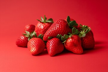 Pile of ripe, juicy strawberries arranged neatly against a vivid red backdrop, showcasing their natural vibrant color and freshness