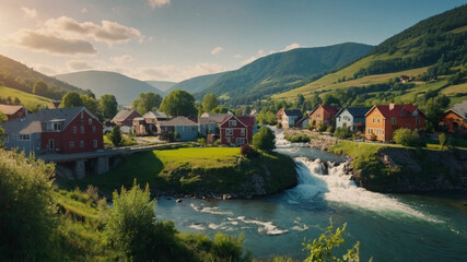 Obraz premium a small town in the mountains and riverside