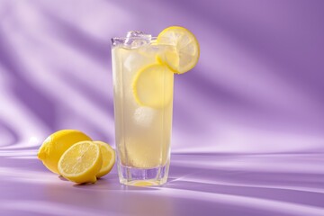 Cool glass of lemonade garnished with lemon slices, surrounded by ice cubes, set against a vibrant purple background with soft shadows
