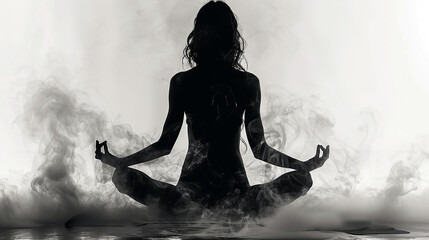 a silhouette image of a woman practising yoga position in white background and empty copy space    