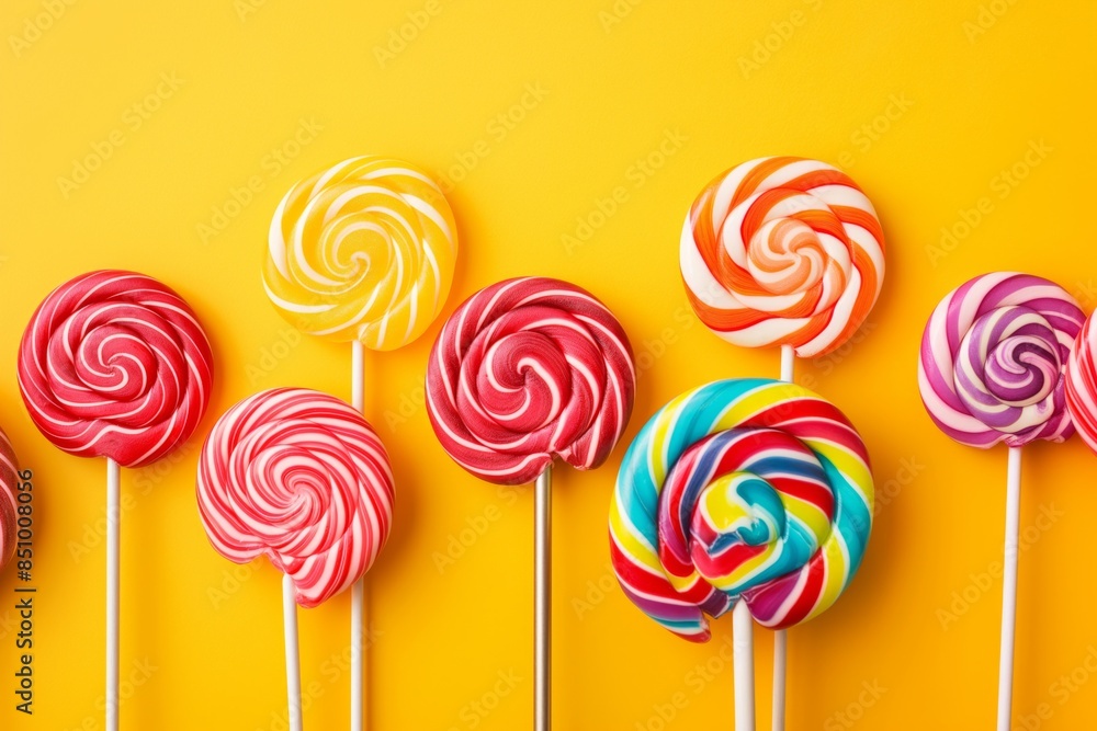 Poster eye-catching display of various multicolored swirled lollipops arranged neatly against a vivid yello