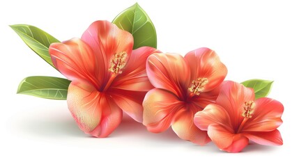 Fototapeta premium Three stunning hibiscus flowers with prominent stamens are depicted against a pure white background, beautifully shaded with a realistic look