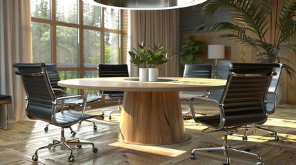 The round office table and office chairs are shown in three dimensions.