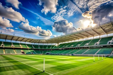 Huge Modern Soccer Stadium With Green Field And Empty Seats Under Bright Blue Sky With White Clouds