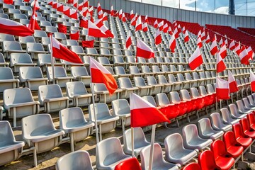 Rows Of Empty Stadium Seats With Polish Flags Blowing In The Wind