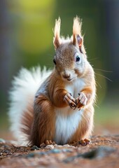 A red squirrel sitting on the forest floor in an autumn setting, illuminated by warm, golden light. 
