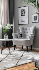 a living room interior featuring a modern grey sofa, armchair, and coffee table, decorated with flowers against a white wall background.