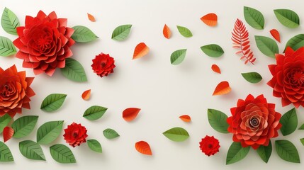 Artistic flat lay of red paper roses, green leaves, and red ferns on a pale background, crafted in a paper art style
