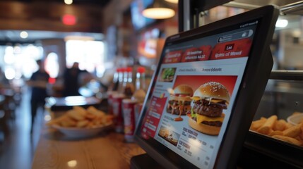 A digital display in a restaurant shows a menu with an image of a double-decker burger. The screen is angled, revealing a blurred background of the restaurant.