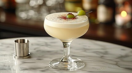   A close-up photo captures the drink's detail on a table, with a shaker and a glass of wine in the backdrop