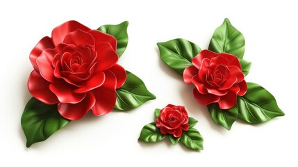 Fototapeta premium Four vivid red roses with lush green leaves on a white background, showcasing beauty and elegance
