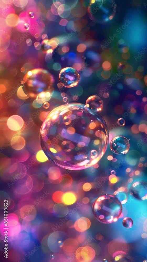 Poster close-up of colorful soap bubbles floating on a festive background