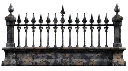 A section of an antique wrought iron fence with spearhead finials, isolated on a white background