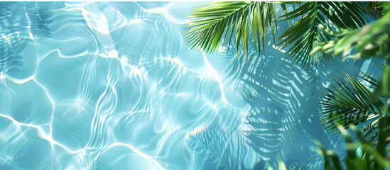 A beautiful light blue water background with palm leaves, creating an atmosphere of calm and tranquility. The gentle ripples on the surface add to its serene charm. 