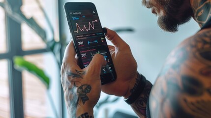 A man with tattoos uses his smartphone to track his heart rate data during a workout. The screen displays a graph of his heart rate and other metrics.