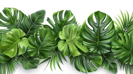 Fototapeta premium An array of vibrant tropical leaves overlapping each other on a clean white background, providing a fresh, natural feel
