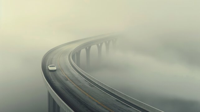 A lone white car travels on a curving elevated highway engulfed by thick fog, with a mysterious and minimalistic vibe