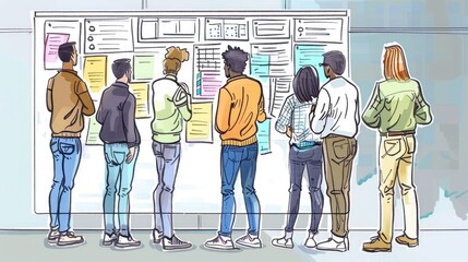 Illustration of diverse group of people looking at a board with sticky notes. AIG535