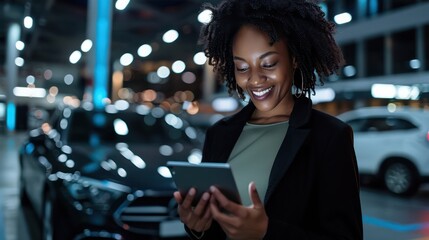 A cheerful African American woman is using a digital tablet in a modern car showroom, possibly browsing or making a purchase decision