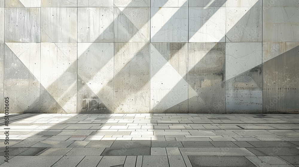 Poster sunlight and shadow creating geometric patterns on a minimalist white wall, abstract design with cle