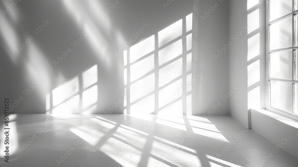 Poster sunlight casting geometric window shadows on a white wall, creating an abstract minimalist pattern o