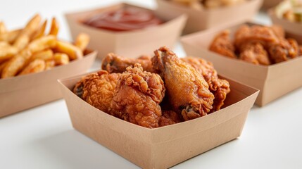 Tasty fried chicken in a paper box, isolated on white, crispy wings with a golden-brown finish, paper box with simple design, focusing on the texture and color
