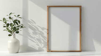 Empty wooden photo frame against a white wall beside a white vase with green plant
