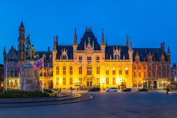Night view of Provinciaal Hof, Provincial Court, on the Markt of Bruges, Belgium