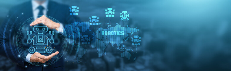 Hand holding global network connection on artificial intelligence, machine learning, robotics, automation, smart devices, technology, and futuristic innovations.