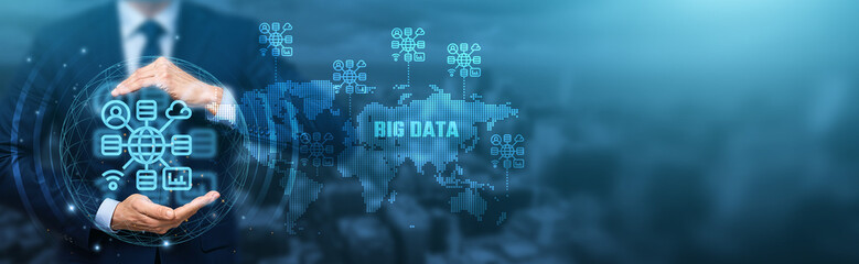 Hand holding global network connection on Big Data, technology and futuristic innovation, analytics, artificial intelligence, digital transformation, cloud computing, cybersecurity.