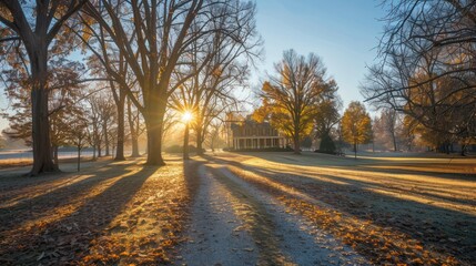 A serene sunrise scene in a frost-covered park with long shadows from trees casting across a walking path and a house in the background