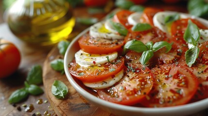   A white bowl holds sliced tomatoes, basil and sits beside a wooden cutting board and an olive oil bottle