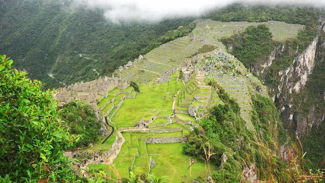 Aerial View of Machu Picchu. Cloudy and Rainy Day Over the Ancient Inca City