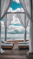 Fototapeta premium a peekaboo white gazebo with a roof and wooden platform on the beach, surrounded by lounge chairs and canopies, perfect for relaxation.