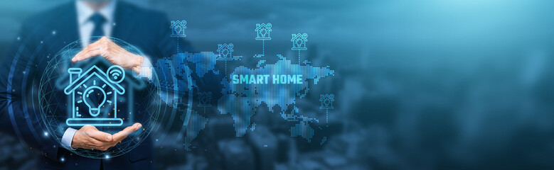 Hand holding global network connection on smart homes, automation, IoT devices, energy management, remote monitoring, technology and futuristic living.