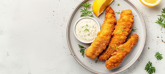 crispy fish steak, fish fingers served with tartar sauce on a light background. banner, menu, place for text, top view. 