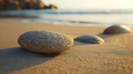 big stone close up - stand podium for cosmetics and product display on natural sand background 