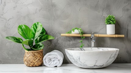 a modern washbasin, potted plant, and stacked towels on a white marble countertop, complemented by a wooden rack on the adjacent wall.